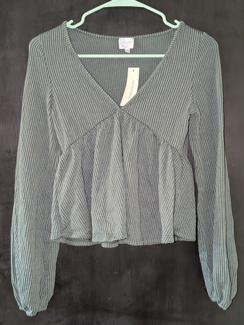 Blue Rain Olive Ribbed V-Neck Peplum Long Sleeve Top